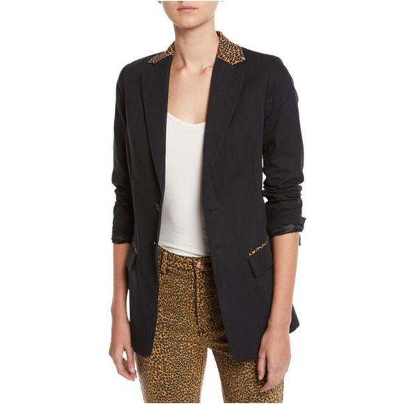 Current Elliott Calla Tailored Black Blazer Leopard Print Size 2 - Picture 2 of 9